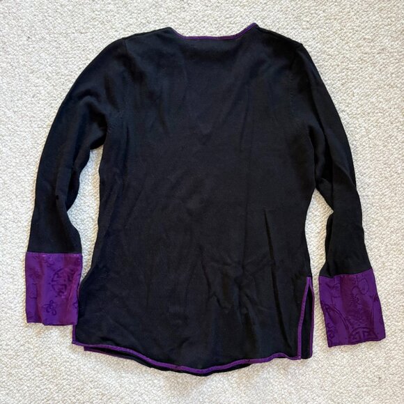 Shanghai Tang 100% Wool Black Sweater w/ Silk Purple Cuffs | Women’s - Picture 4 of 5